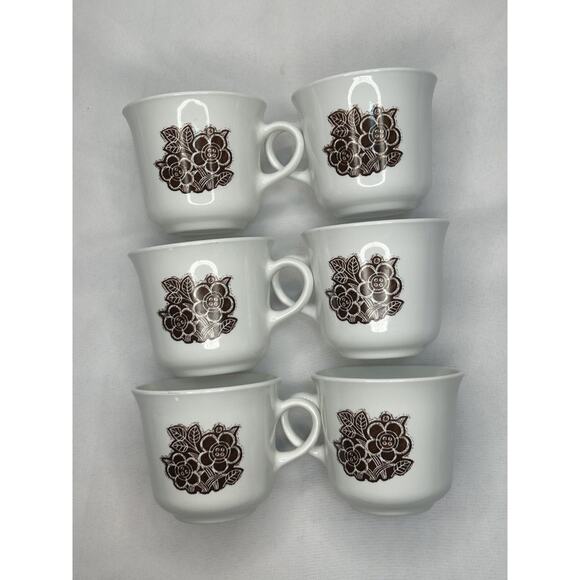 Vintage CORELLE Batik Cups & Saucers Brown Button Flowers Floral Set of 6 - Picture 5 of 6